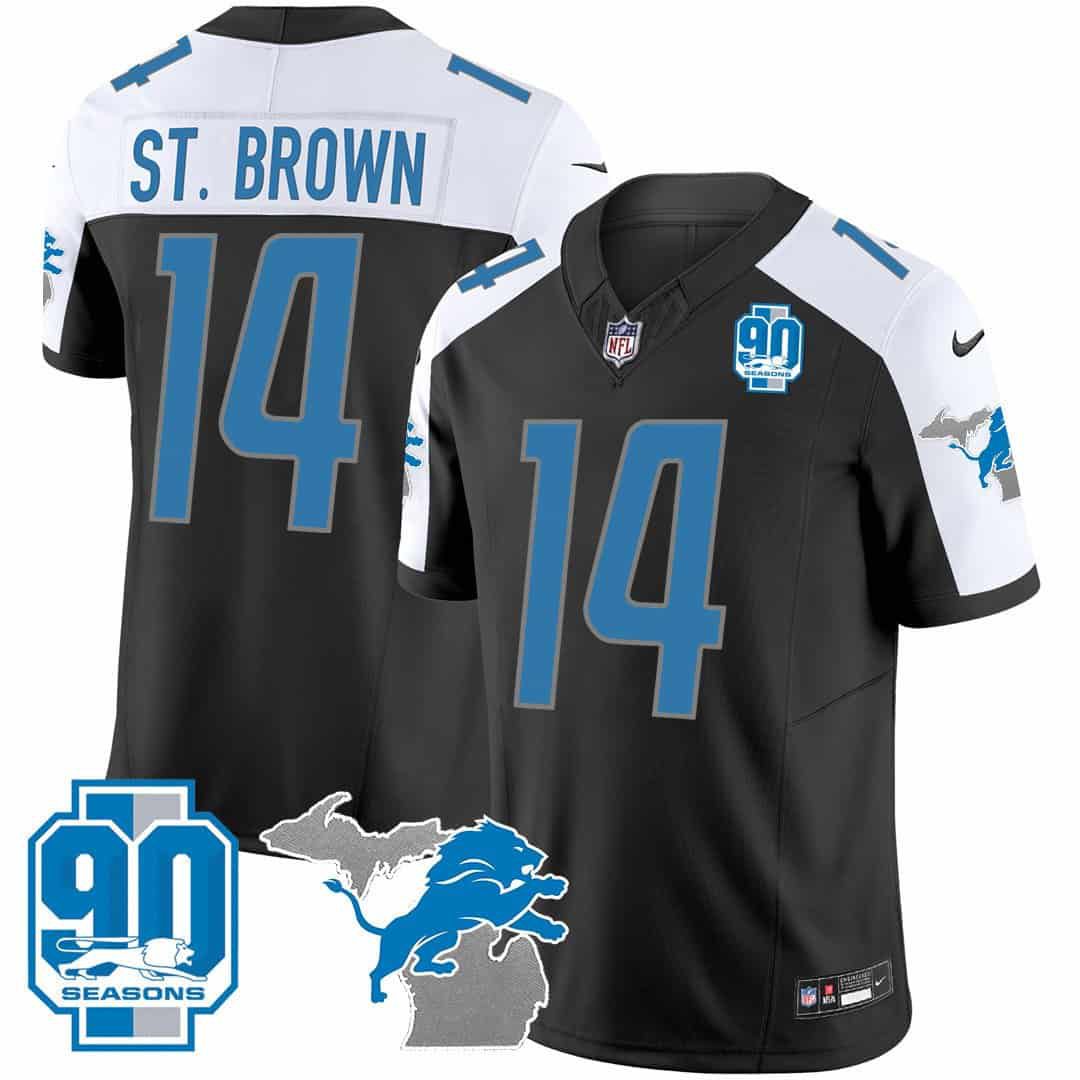 Men Detroit Lions 14 ST Brown Black 2024 Nike 90th Year Michigan Patch Vapor NFL Jersey